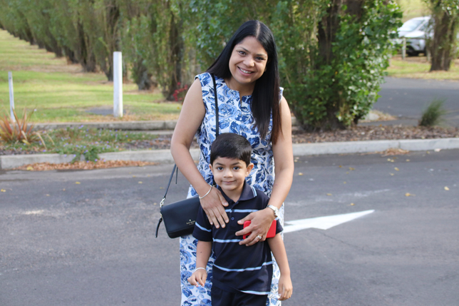 Dr. Gurvinder Kaur and new Reception Student Divyansh Sahni arriving for his first day at Tenison Woods College.JPG